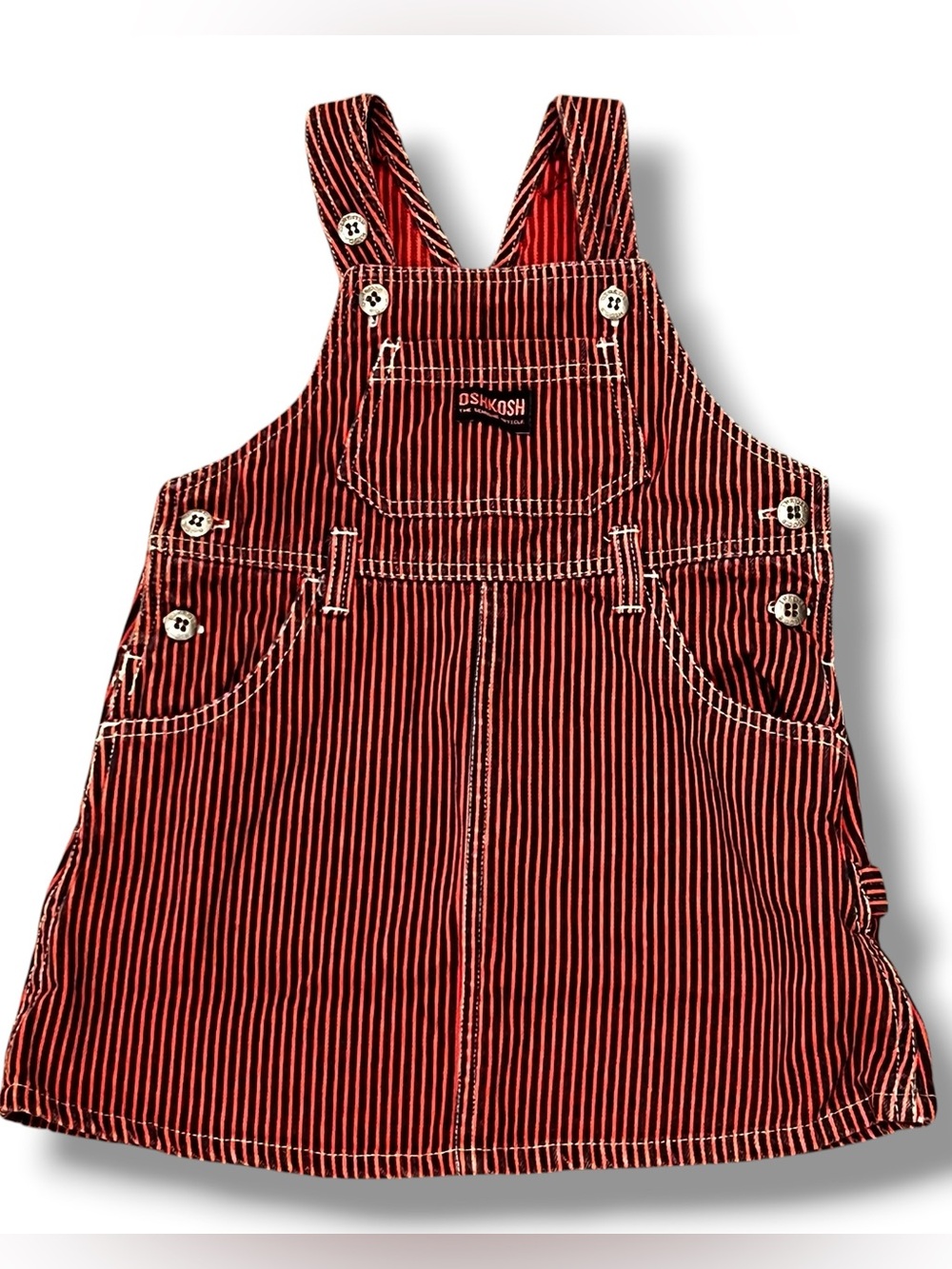 Vtg OshKosh B'Gosh Vestbak Overall Dress 18mos Striped Denim Pink Purple 2T F-2